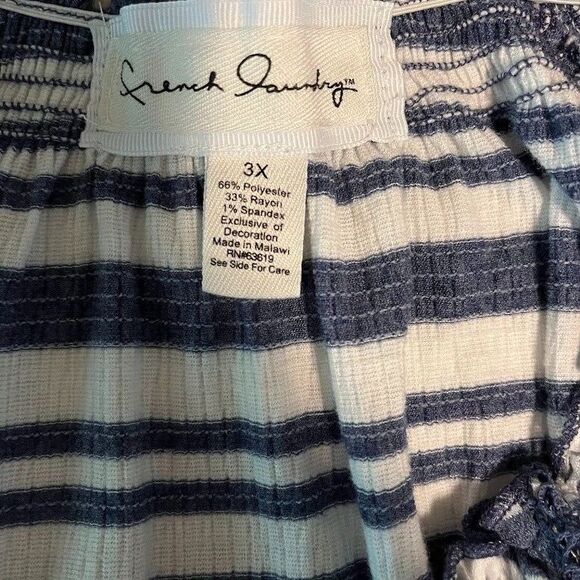 French Laundry Boho White/Blue Stripe 3/4 Sleeve Beaded Tie Peasant Blouse SZ 3X - Picture 3 of 5